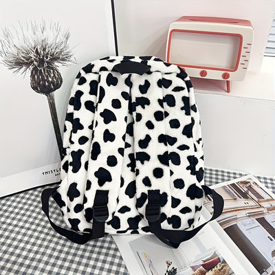 Women'S Cow Print Fleece Backpack, Korean Style Casual Shoulder Bag, Polyester Lining, Adjustable Straps, Zip Closure, Lightweight, Random Print, Versatile for School & Outings