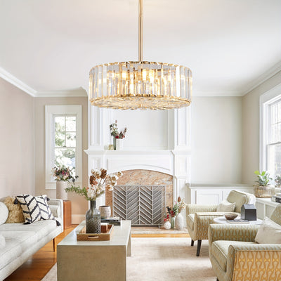 Golden Crystal Chandelier For Dining Room, 4-Light Modern Semi Flush Mount Chandelier Lighting Fixtures, Round Kitchen Hanging Drum Pendant Lights Ceiling For Bedroom Entryway Foyer, 15 Inch