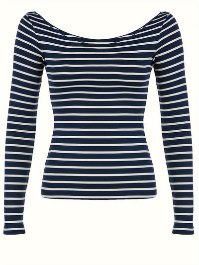 Japanese and Korean Special Targeted Elegant Basic Large Round Neck Slimming Long Sleeve Striped Top