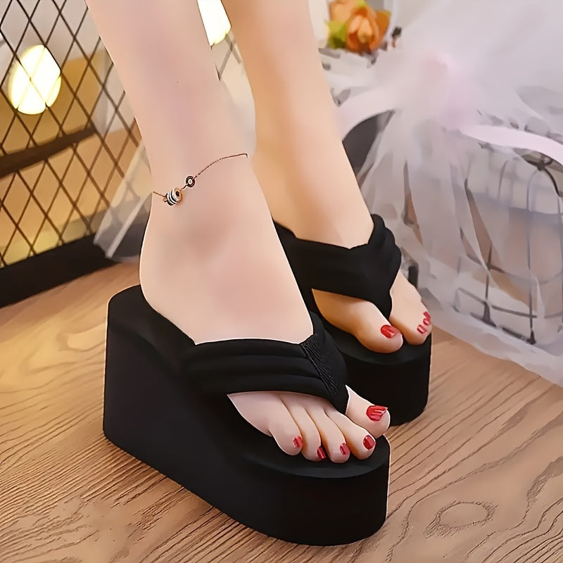 Women's Wedge Flip Flops, Fashionable Black Platform Heeled Slide Shoes, Summer Outdoor Beach Slides