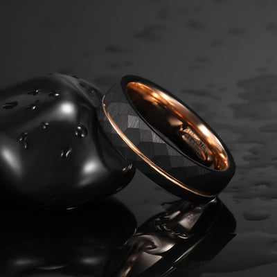 1pc 6mm (0.24'')/8mm (0.31'') Fashion Inlaid Rose Golden Wire Black Rhombic Men's Tungsten Steel Ring