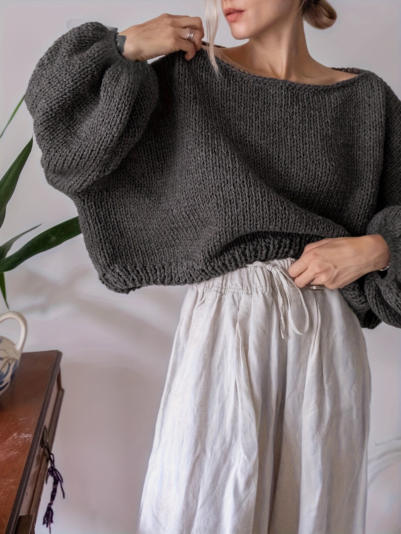 Elegant Gray Sweater with Puff Sleeves