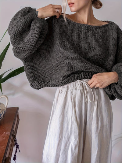 Elegant Gray Sweater with Puff Sleeves