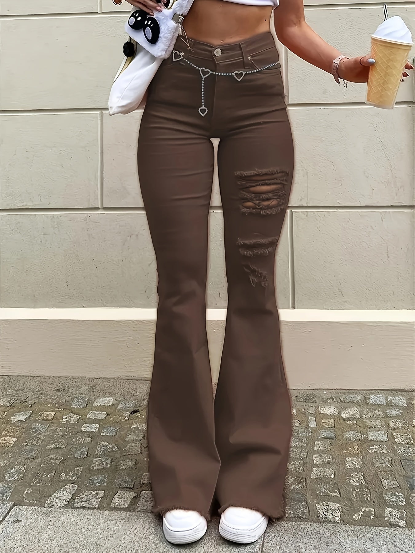 1pc Bohemian High-Waisted Ripped Flare Jeans for Women, Slim Fit, Brown Solid Denim, Frayed Hem, Casual Fashion, Korean Style, American-Inspired, All-Season, Woven, Washed, 68. 3%, 30. 2%, Spandex 1. 5%