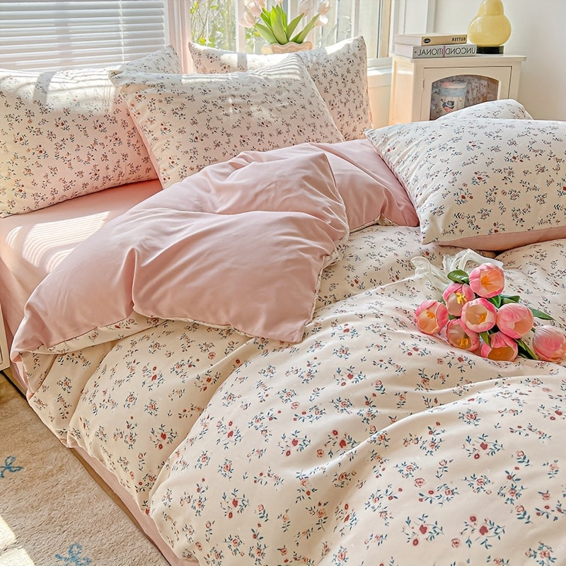 3pcs Korean Style Duvet Cover Set, New American Floral Duvet Cover Set with 1 Single Duvet Cover + 2 Pillowcases, Comfortable and Breathable, Machine Washable, Non-Fading and Deforming, Suitable for All Seasons, Light Beige-F