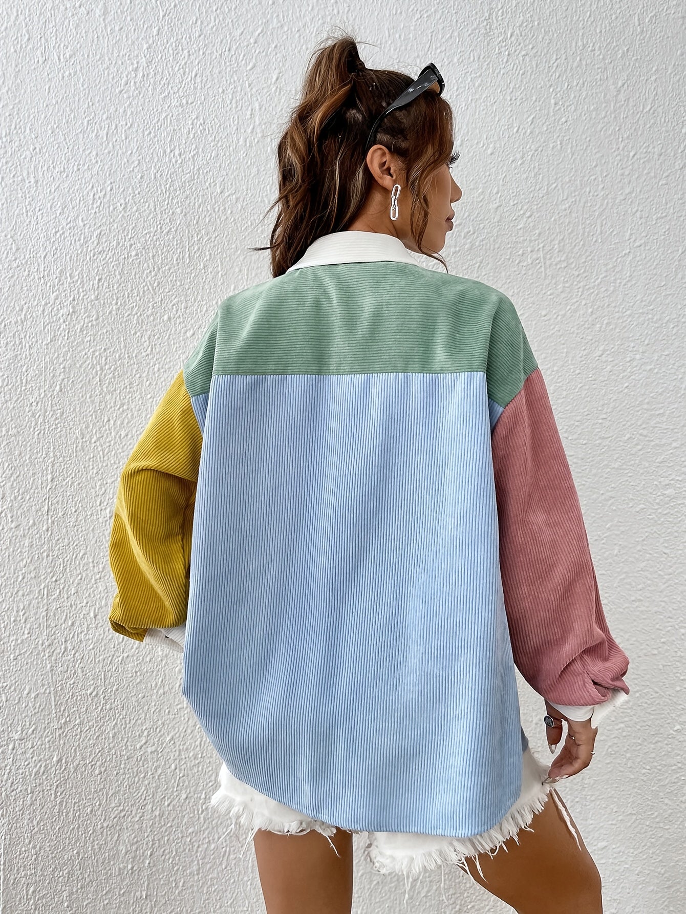 Color Block Button Front Shirt, Casual Long Sleeve Drop Shoulder Shirt For Spring & Fall, Women's Clothing