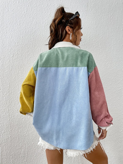 Color Block Button Front Shirt, Casual Long Sleeve Drop Shoulder Shirt For Spring & Fall, Women's Clothing