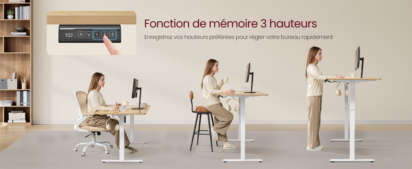 Electric Height Adjustable Desk, without Table Top, with 2 Hooks, 3 Height Memory Function, Steel, Matte White