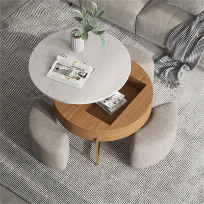 Modern Lift-Top Coffee Table with Storage & Stools - Adjustable Height, Faux Marble Top, Wooden Base, Space-Saving Design for Living Room or Office, Coffee Table for Living Room, Office Furniture, Contemporary Furniture, Eleg