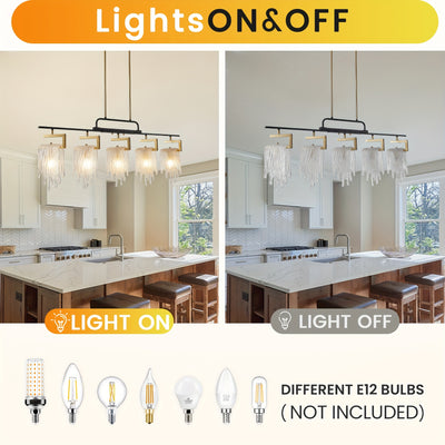 Dining Room Light Fixture/Chandelier Over Table, 5-Light Kitchen Island Lighting, Hanging For Farmhouse Linear Chandeliers, Black And Golden Ceiling Pendant Light Fixtures, With Glass Shade