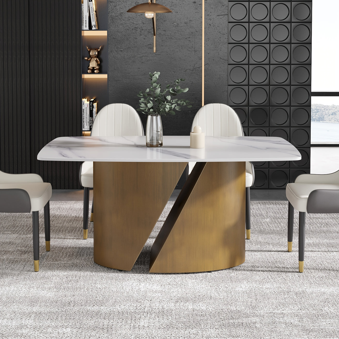 Modern Marble Dining Table for 6-8(Chairs Not Included), 63" White Rectangle Dining Table, Luxury Sintered Stone Dining Tabletop with Bronze Carbon Steel Pedestal Dinner Table for Kitchen Dining Room