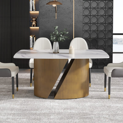 Modern Marble Dining Table for 6-8(Chairs Not Included), 63" White Rectangle Dining Table, Luxury Sintered Stone Dining Tabletop with Bronze Carbon Steel Pedestal Dinner Table for Kitchen Dining Room