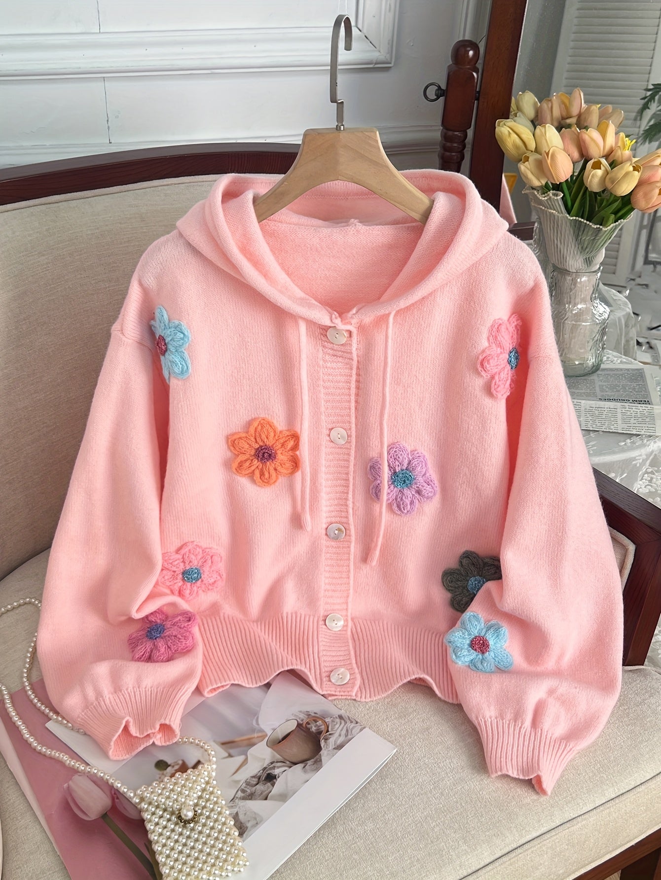 Casual Chic Loose Daisy Hooded Cardigan - Perfect for Office, Home, and Streetwear Outings
