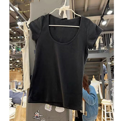 Cotton Round Neck White BM Ruffled Short Sleeves T-shirt Slim Top