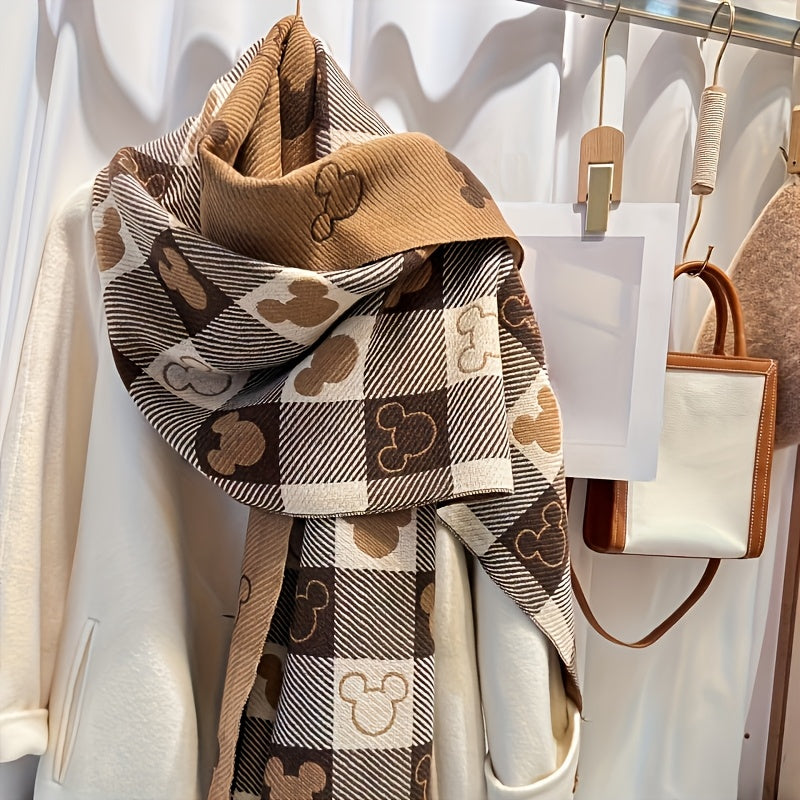 1pc Elegant Polyester Scarf for Women - Double-Sided Heart Check Pattern, Korean Tassel, Warm Shawl, Thick Versatile Wrap, Windproof, Decorative, Non-Elastic, Jacquard and Printed Design, Suitable for Mature Occasions