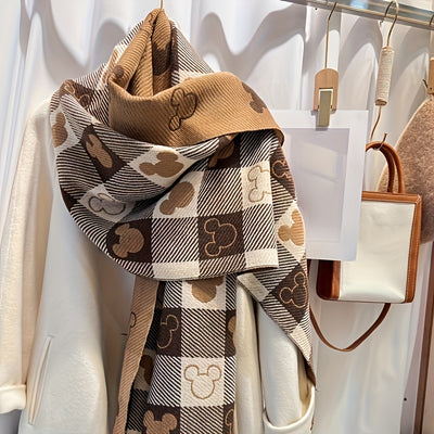 1pc Elegant Polyester Scarf for Women - Double-Sided Heart Check Pattern, Korean Tassel, Warm Shawl, Thick Versatile Wrap, Windproof, Decorative, Non-Elastic, Jacquard and Printed Design, Suitable for Mature Occasions