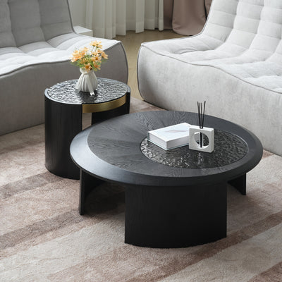 35, 43" Round Nesting Coffee Table Set 2, Mid Century Modern CoffeeTable Round Coffee Table, Walnut & Temper Glass Surface, Round Center Coffee Table for Living Room/Farmhouse/Office/Studio, Living Room Decor, Farmhouse Style
