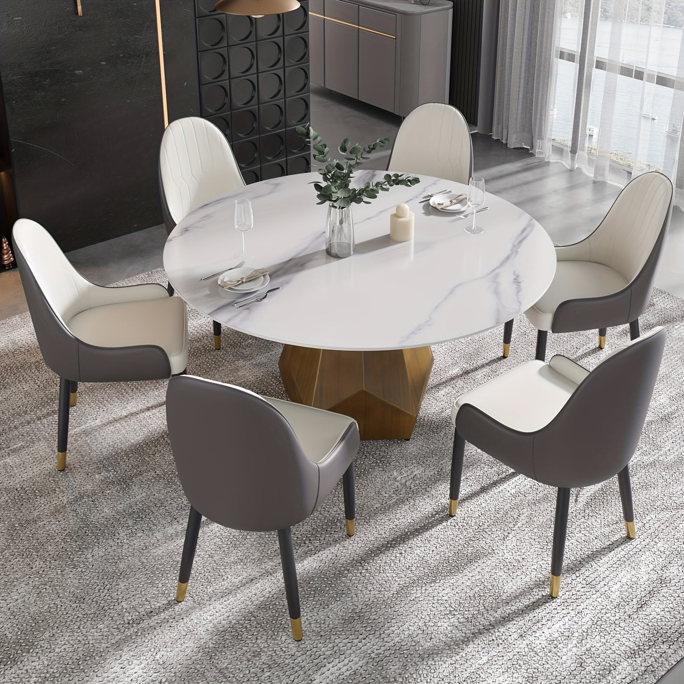 Round Dining Table(Chairs Not Included) - Marble Dining Room Table Round Kitchen Table For 6 To 8, Glossy Sintered Stone Tabletop With Solid Metal Diamond Shape Base, Circle Dining Table For Kitchen