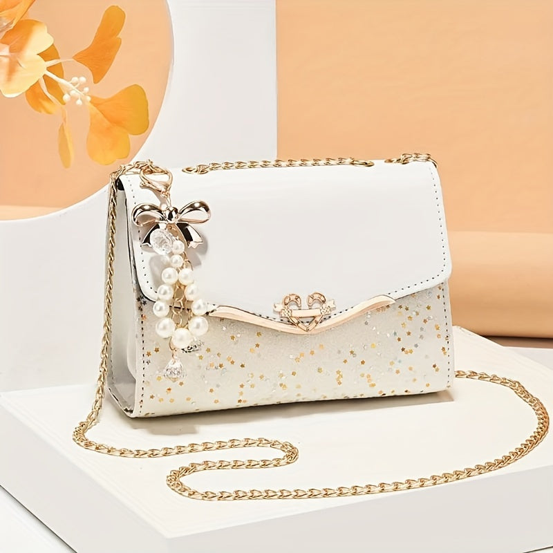 Elegant Korean Fashion Crossbody Bag with Sequins, Lightweight Polyester-Lined Handbag with Metal Chain, Versatile for Daily Use & Travel, Ideal for Birthday, Thanksgiving, Halloween, Christmas Gifts