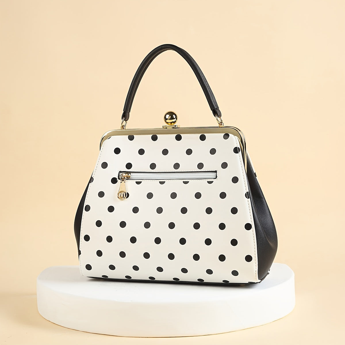 [Elegant Handbag] High Quality Lacquered Handbag | 2024 Autumn New Korean Polka Dot for Women - Kiss Lock Closure, Removable Shoulder Strap & Bow Detail, Glossy Patent Look (Black/White, Bronze, Pink & White) - Perfect for We