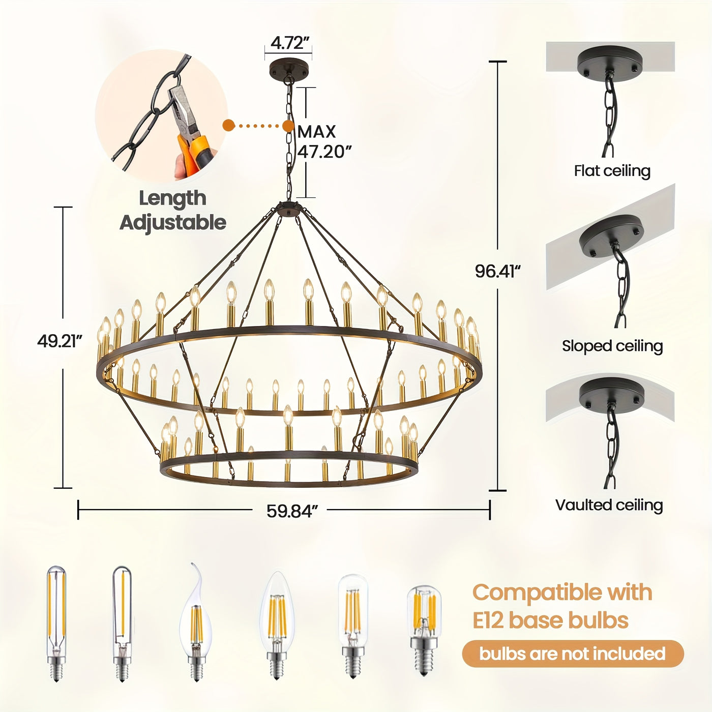 Modern Farmhouse Chandelier 2 Tier Round Wheel Chandelier Large High Ceiling Light.