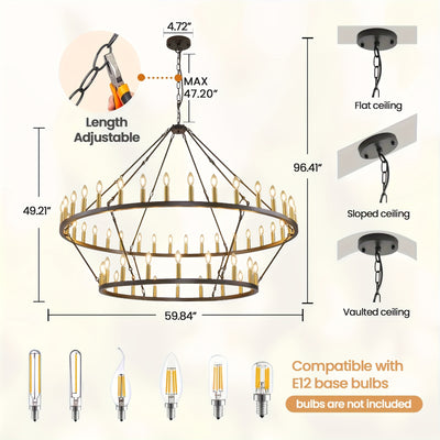 Modern Farmhouse Chandelier 2 Tier Round Wheel Chandelier Large High Ceiling Light.