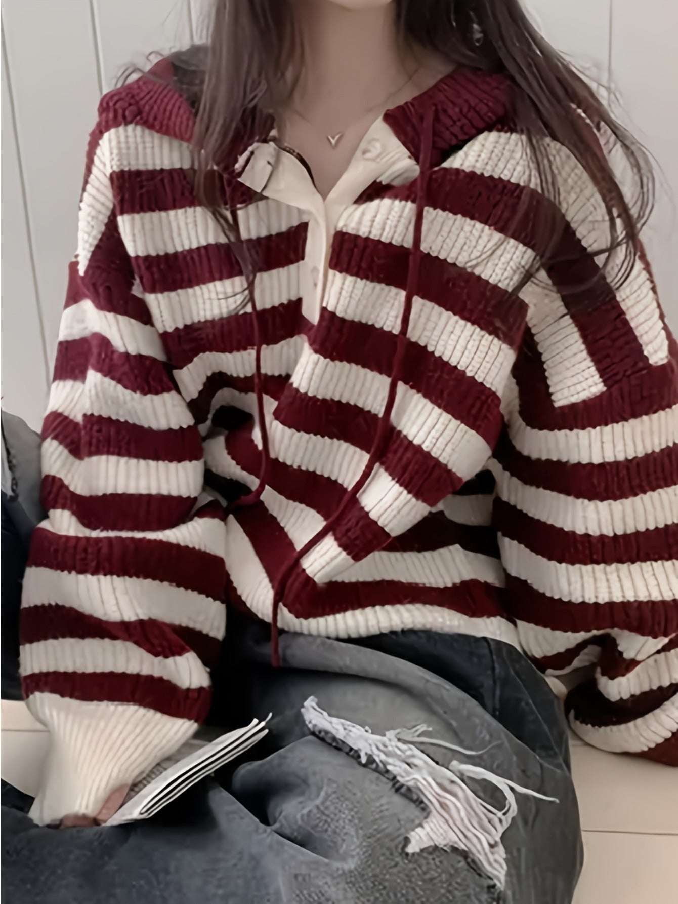 Women'S Oversized Striped Hooded Sweater - Cozy Long Sleeve Pullover with Burgundy & White Horizontal Stripes, Soft Fabric for Fall Winter Casual Chic Outfits, Sweater Hoodie, Autumn Wardrobe Essential, Comfortable Clothing,