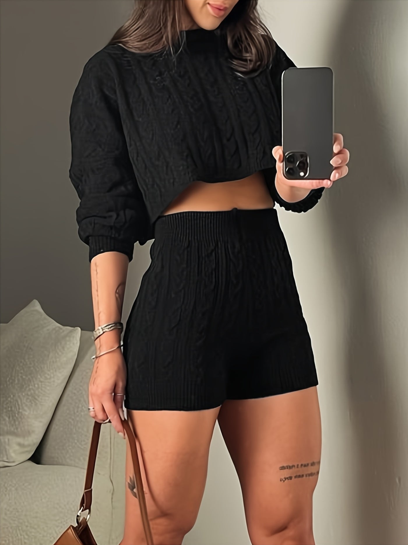 A Two-Piece Set Featuring a Round-Neck Long-Sleeve Cable- Cropped Sweater And High-Waisted Shorts for .