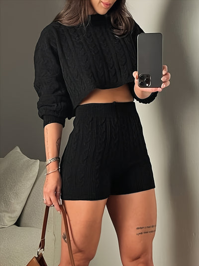 A Two-Piece Set Featuring a Round-Neck Long-Sleeve Cable- Cropped Sweater And High-Waisted Shorts for .
