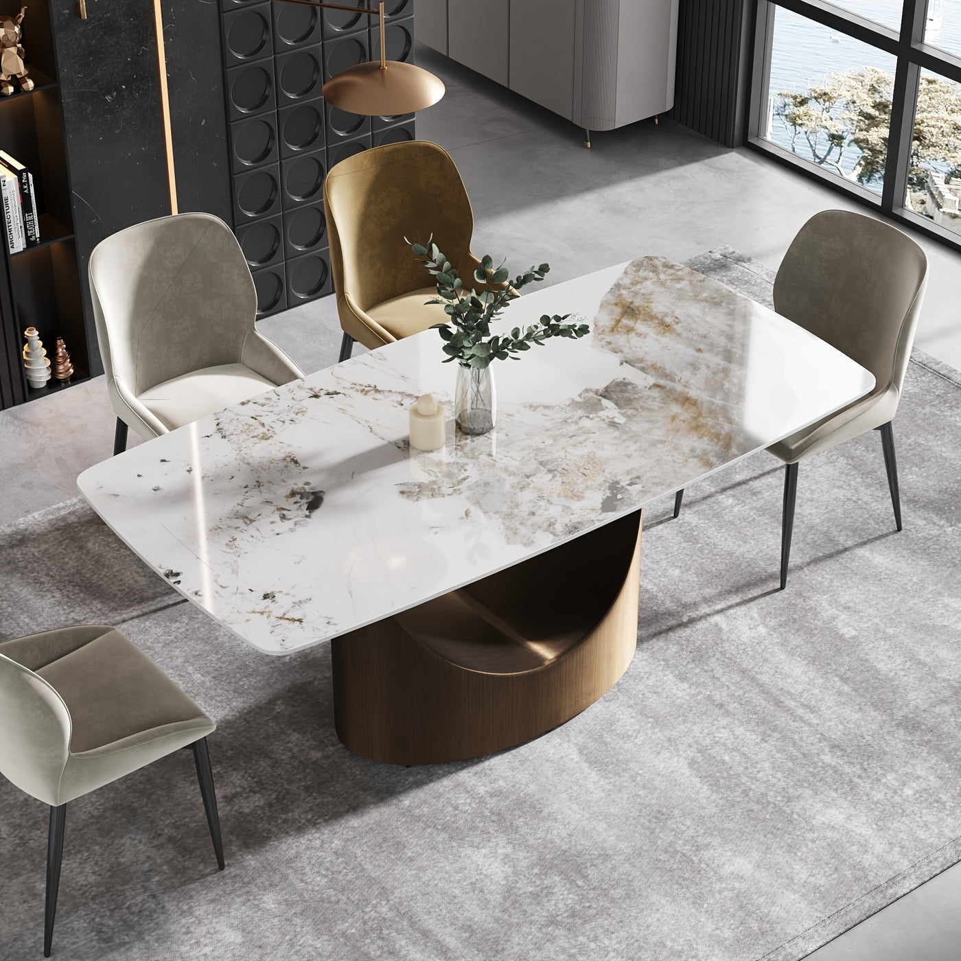 Modern Rectangle Marble Dining Table(Dining Table Only, Chairs Not Included), Marble Sintered Stone Top Dining Table, Rectangle Dining Room Table With Unique U-Shape Carbon Steel Pedestal For Kitchen/Living Room