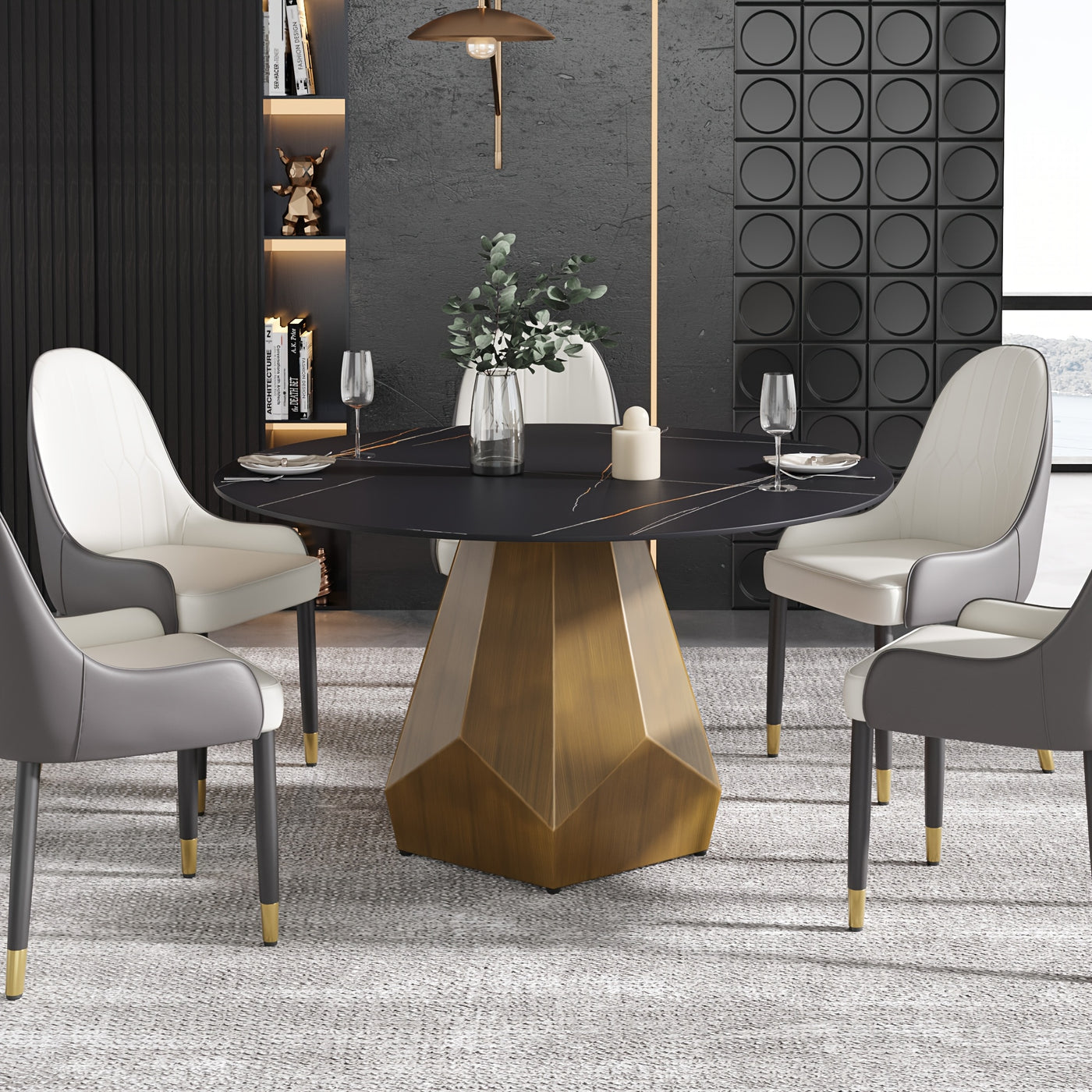 Round Dining Table(Chairs Not Included) - Marble Dining Room Table Round Kitchen Table For 6 To 8, Glossy Sintered Stone Tabletop With Solid Metal Diamond Shape Base, Circle Dining Table For Kitchen
