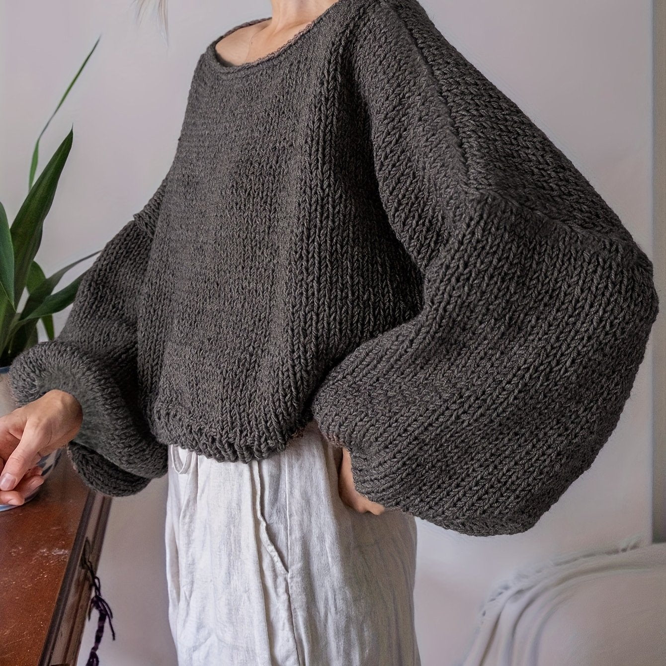 Elegant Gray Sweater with Puff Sleeves