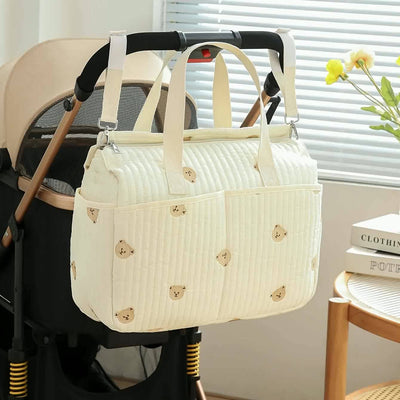 Large Capacity Handheld Parent Bag for Mothers with Baby Bottles and Diapers, Korean Version Embroidered Bear Maternity Bag