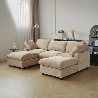 Modern U-Shaped Modular Sectional Sofa with Ottomans - Convertible L-Shaped or Straight Configurations, Washable Removable Cushions & Slipcovers, Plush Foam-Filled Cloud Design, Beige/Black Fabric Sofa for Large Living Rooms,