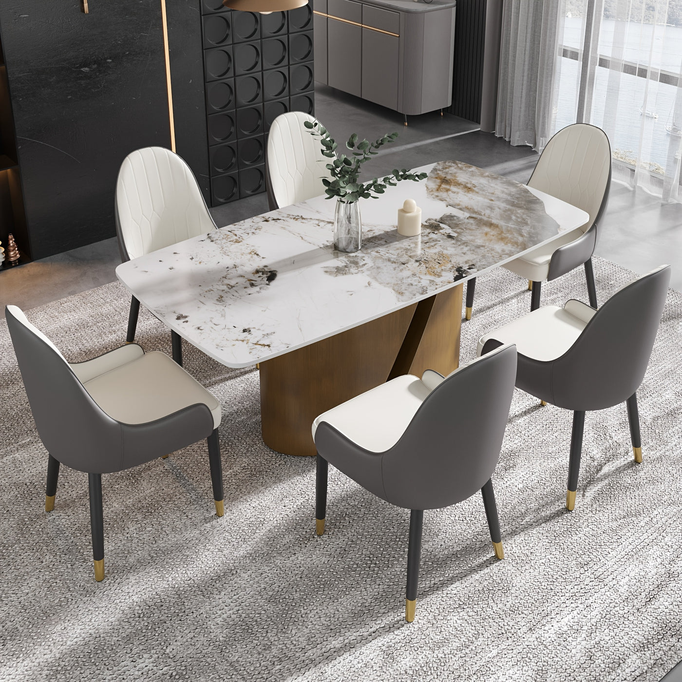 Modern Marble Dining Table for 6-8(Chairs Not Included), 63" White Rectangle Dining Table, Luxury Sintered Stone Dining Tabletop with Bronze Carbon Steel Pedestal Dinner Table for Kitchen Dining Room