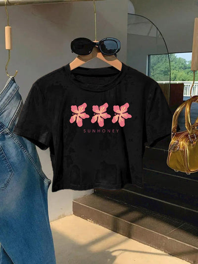 Women'S Floral Print Crop Top T-Shirt - "SUNHONEY" Design with Pink Butterflies, Casual Round Neck Short Sleeve Tee, Lightweight Polyester, Machine Washable, Perfect for Spring/Summer Outfits, Spring Fashion Top | Butterfly P