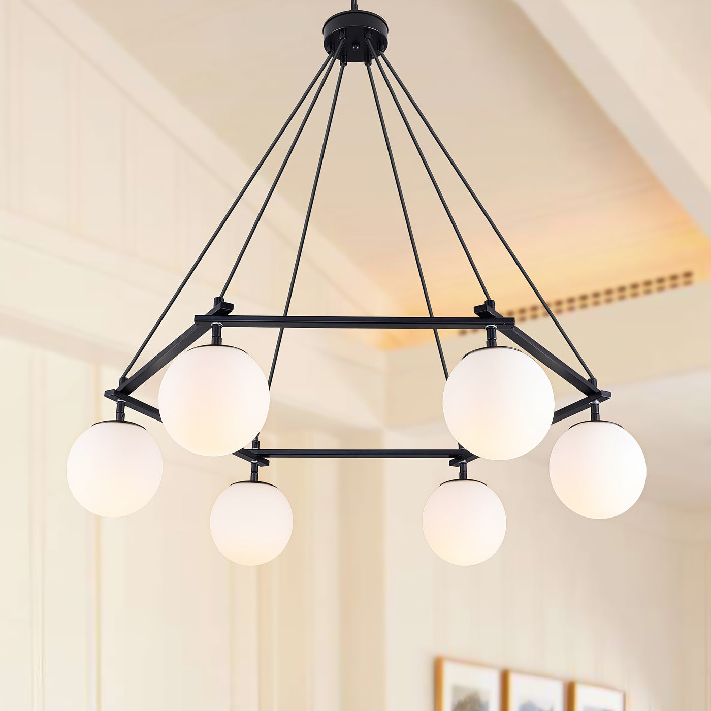 6-Light Modern Chandelier For Dining Room, Sputnik Ceiling Light Fixture With White Glass Globe Bubble, Adjustable Mid Century Chandelier Foyer Chandeliers For High Ceilings