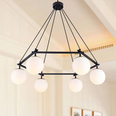 6-Light Modern Chandelier For Dining Room, Sputnik Ceiling Light Fixture With White Glass Globe Bubble, Adjustable Mid Century Chandelier Foyer Chandeliers For High Ceilings