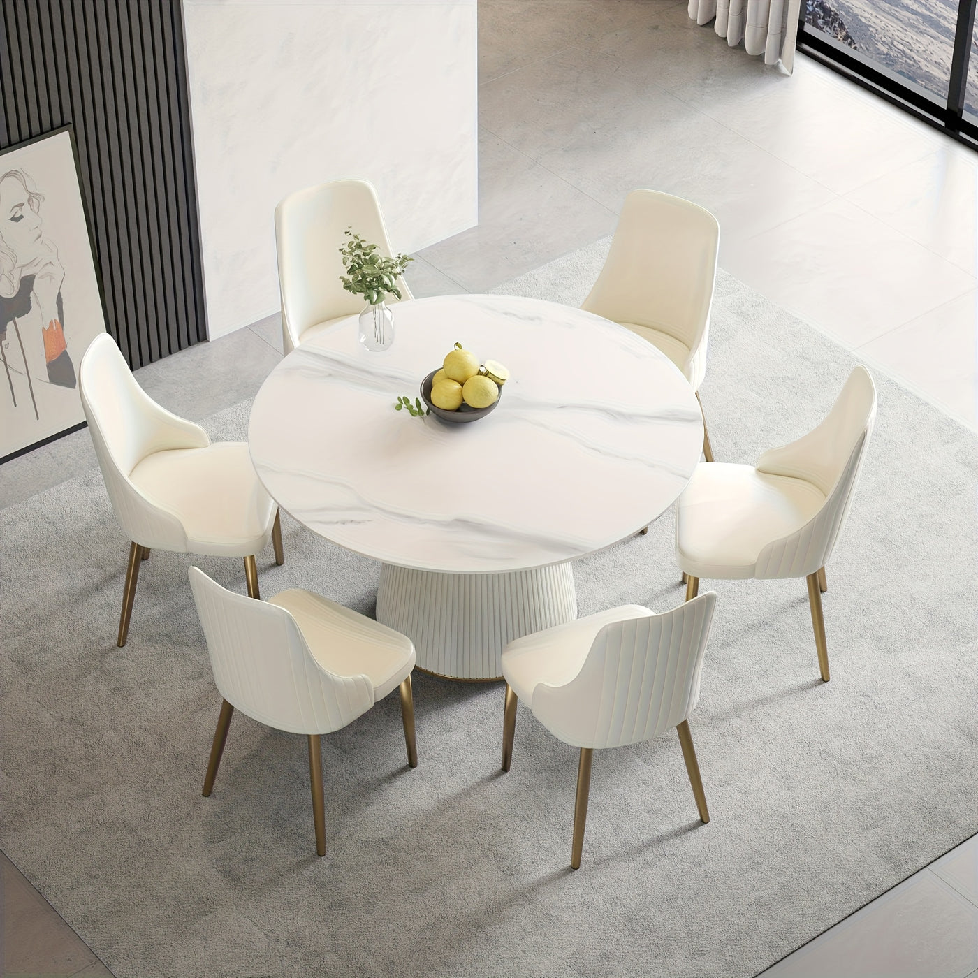 Round Dining Table For 6-8(Dining Table Only, Chairs Not Included), Marble Dining Room Table Round Kitchen Table, Glossy Sintered Stone Tabletop With Solid Metal Base, Circle Dining Table For Kitchen Dining Room Restaurant
