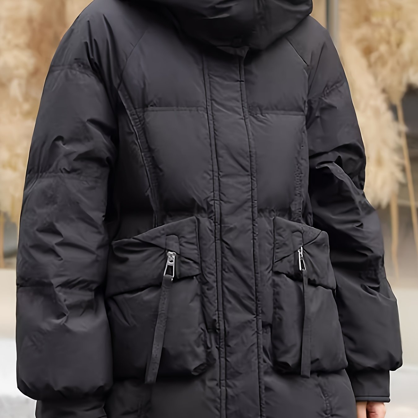 Women's Fashion Korean Style Mid-Length Puffer Coat, Thickened Warmth with Hood, Solid Color, Non-Stretch Polyester, Casual Loose Fit, Long Sleeve, Zipper Front, 180g Down, Winter Outerwear