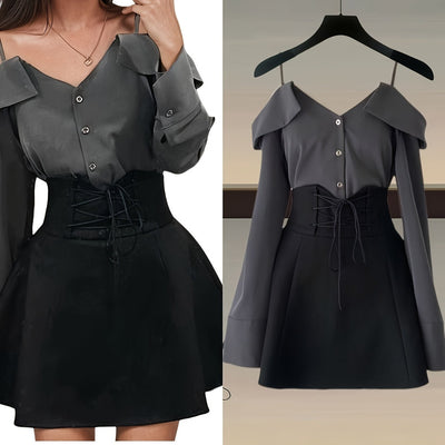 Women Summer Outfits Y2k Streetwear Off The Shoulder Ruffles Patchwork Tops+high Waist Lace Up Bandage A-line Skirts Set for Women Cute Slash Neck Two Pieces Sets Female Clothing