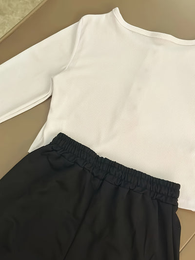 Casual Stretch Slim Fit Crew Neck Button Pullover T-Shirt + Elastic Waist Wide Leg Pants Long Set