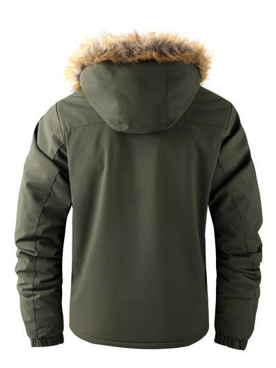 Men'S Winter Windbreaker Jacket with Warm Hood - Maroon Zip-Up Outdoor Coat, Stand Collar, Multiple Pockets, Casual Sporty Design for Cold Weather, Winter Jacket