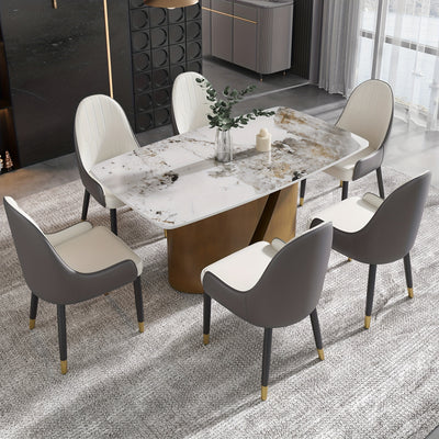 Modern Marble Dining Table for 6-8(Chairs Not Included), 63" White Rectangle Dining Table, Luxury Sintered Stone Dining Tabletop with Bronze Carbon Steel Pedestal Dinner Table for Kitchen Dining Room