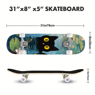Black Cat Graphic Skateboard with Vibrant Street Art Design - Double Kicktail, ABEC-7 Bearings & Grip Tape for All Skill Levels - Durable Beginner to Pro Skateboard - Perfect Holiday Gift, Skateboarding for Fun, Playful Skate