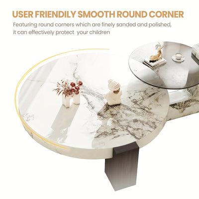 Modern Round Nesting Coffee Tables Set Of 2, Coffee Tables with Faux Marble Texture Surface And C-Shaped Side Table, Nesting Coffee Tables for Living Room/Apartment, Nesting Coffee Table Set, Coffee Table for Living Room, Cof