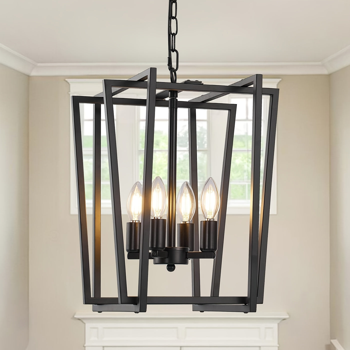 4-Light Adjustable Height Chandelier, Modern Farmhouse Geometric Metal Pendant Light Fixture with Polished Golden Finish & Rust-Resistant Powder Coating, E12 Base for Kitchen Island, Entryway, Foyer, Dining Room, Chandeliers