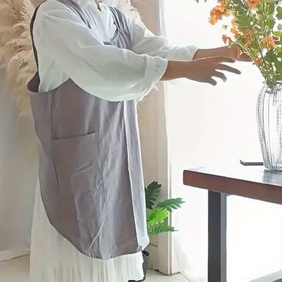 1pc Apron, Korean Retro Countryside Apron, Double Shoulder Strapless Women's Apron With Two Pockets, Great Unisex Apron For Work Clothes, For Comfortable Home Covering, Kitchen Supplies