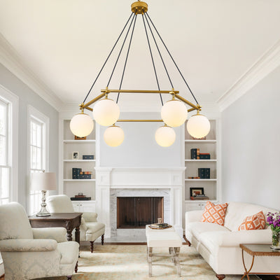 6-Light Modern Chandelier For Dining Room, Sputnik Ceiling Light Fixture With White Glass Globe Bubble, Adjustable Mid Century Chandelier Foyer Chandeliers For High Ceilings