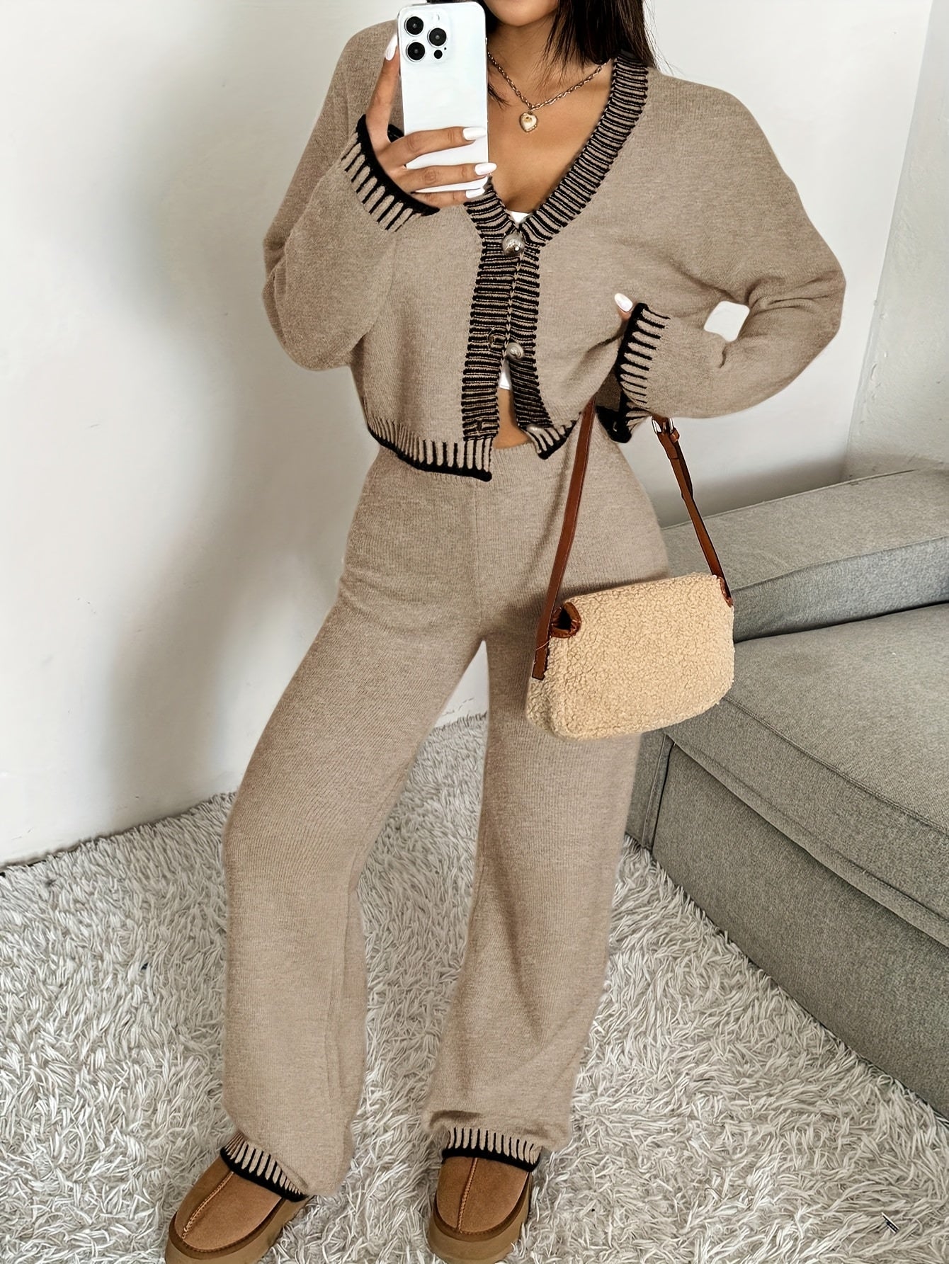 Set Long Sleeve Cardigan and Pants Button V-Neck Khaki Elegant Casual Sweater Outfit for Women Autumn Winter Fashion